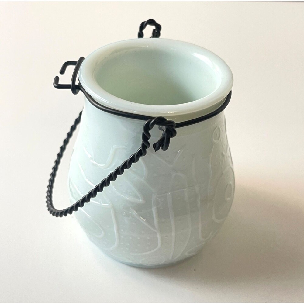 VTG Milk Glass Hanging Vase with Wire Handle Unique Embossed Pattern
